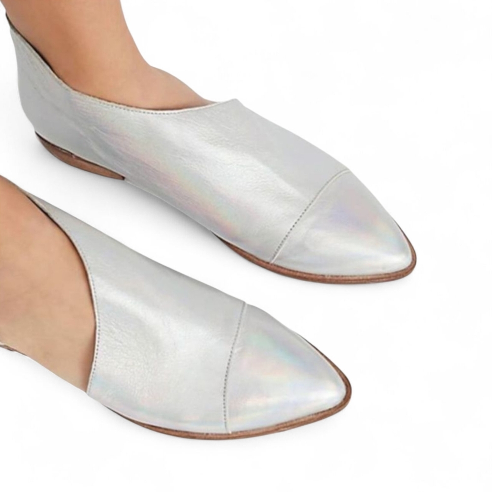 FREE PEOPLE Royale Silver Leather Point Flats Asymmetrical Dorsay Spain Cut Out